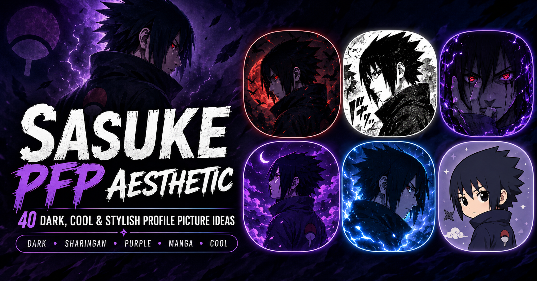 Sasuke PFP aesthetic grid concept showing dark, cool, manga, Sharingan, and icon styles for profile pictures