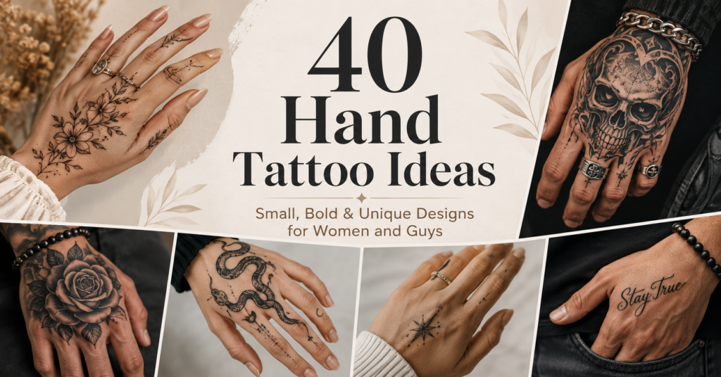 A collection of bold and delicate hand tattoos for women and men, featuring floral, skull, mandala, and fine line designs on various hand placements.