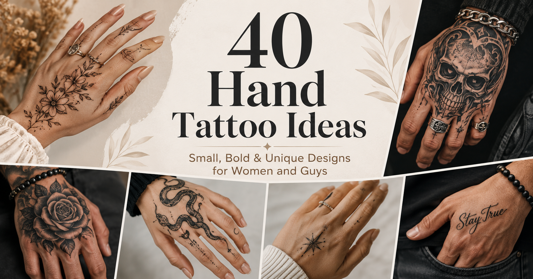 A collection of bold and delicate hand tattoos for women and men, featuring floral, skull, mandala, and fine line designs on various hand placements.