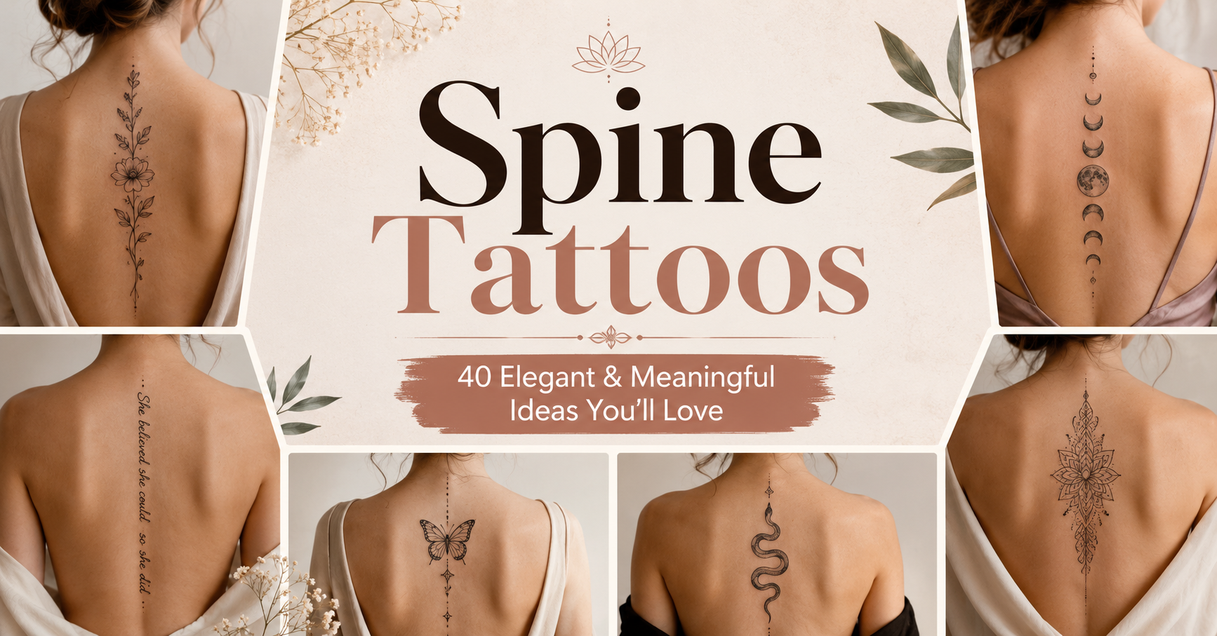 A vertical collage of spine tattoo designs including fine line florals, quote tattoos, butterfly designs, moon phases, and lotus symbols placed along the back, showcasing elegant and meaningful spine tattoo ideas for women and men.