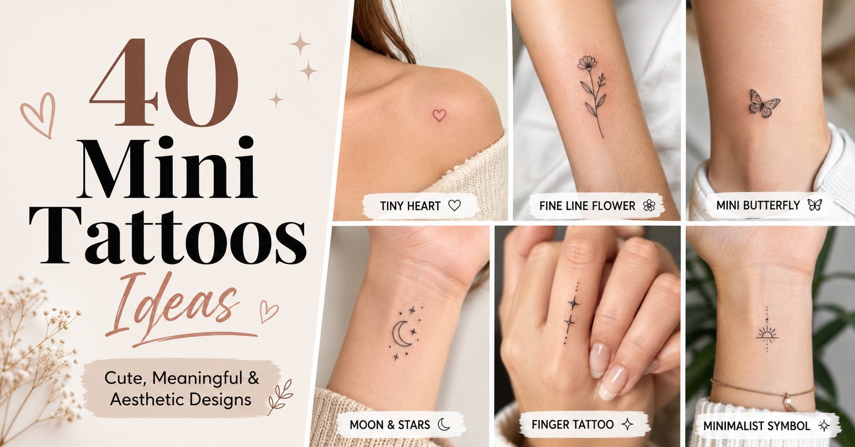 A collection of delicate mini tattoo ideas including fine line flowers, tiny symbols, and minimalist designs for women, men, and couples.Tiny tattoos, big meaning. These mini designs prove you don't need a lot of ink to say something that really matters.