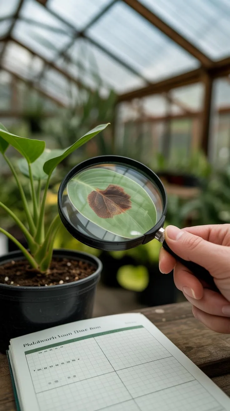 Magnifying glass inspecting a plant leaf for pests
