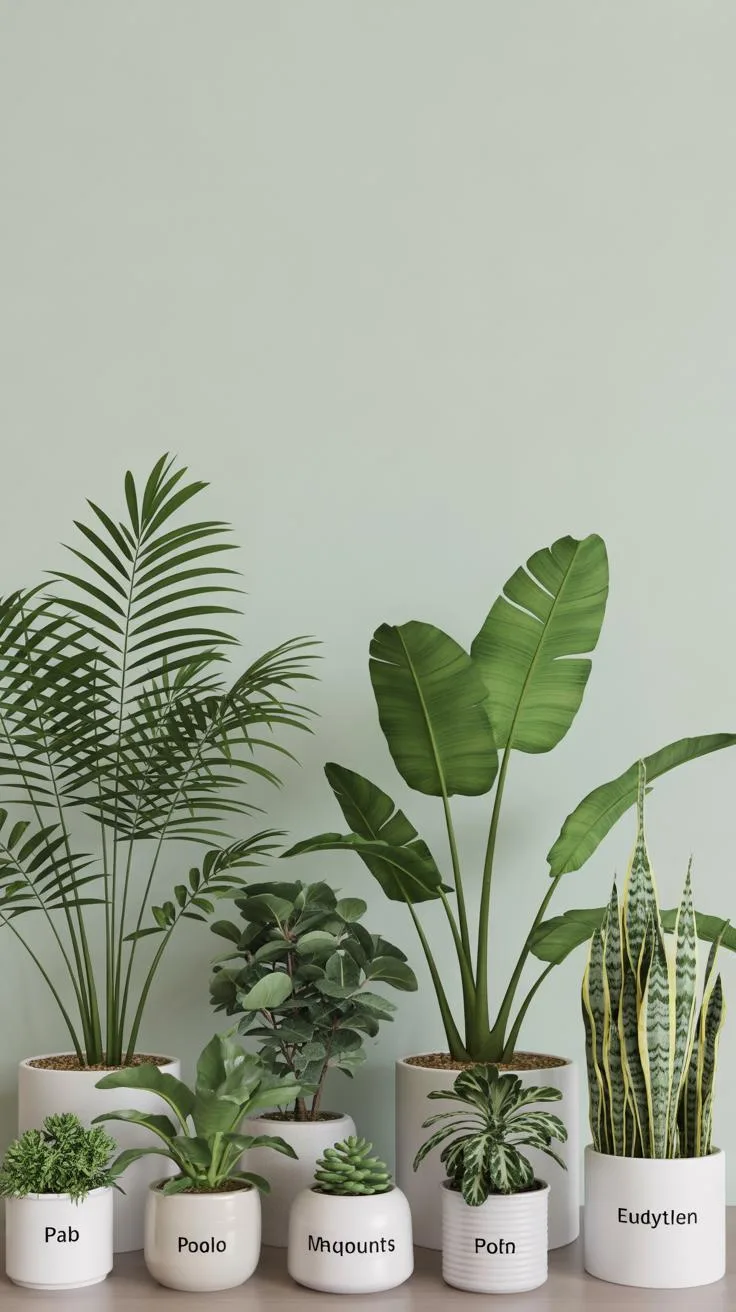 Five popular indoor plants lined up: snake plant, pothos, fiddle leaf fig, monstera, philodendron