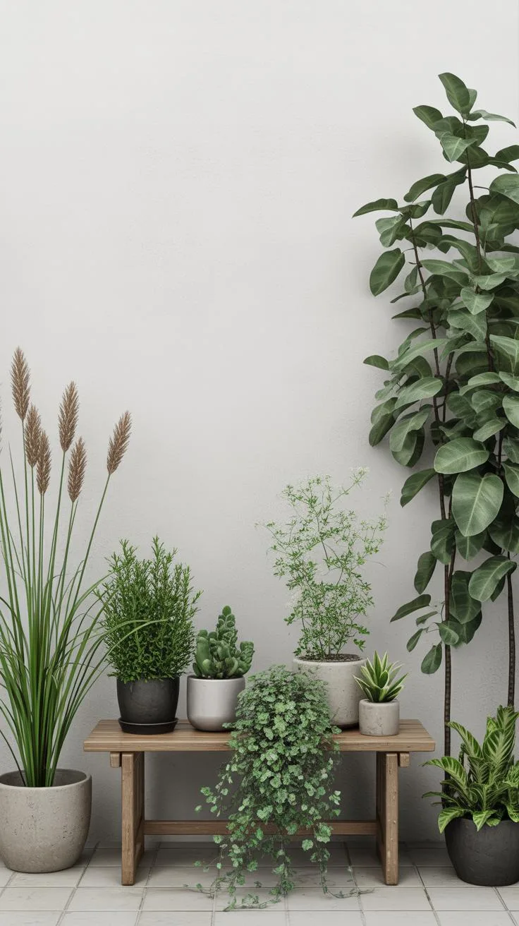 Arrangement of various houseplants with different leaf shapes and heights