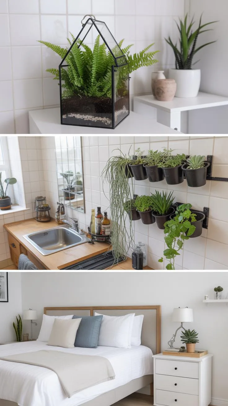 Montage of plants in various rooms: kitchen, bathroom, living room