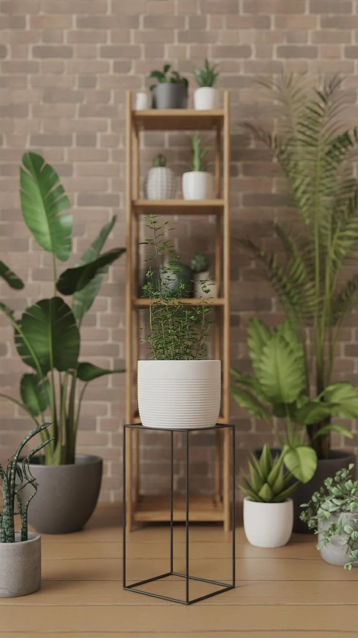 Geometric plant stands and hanging planters
