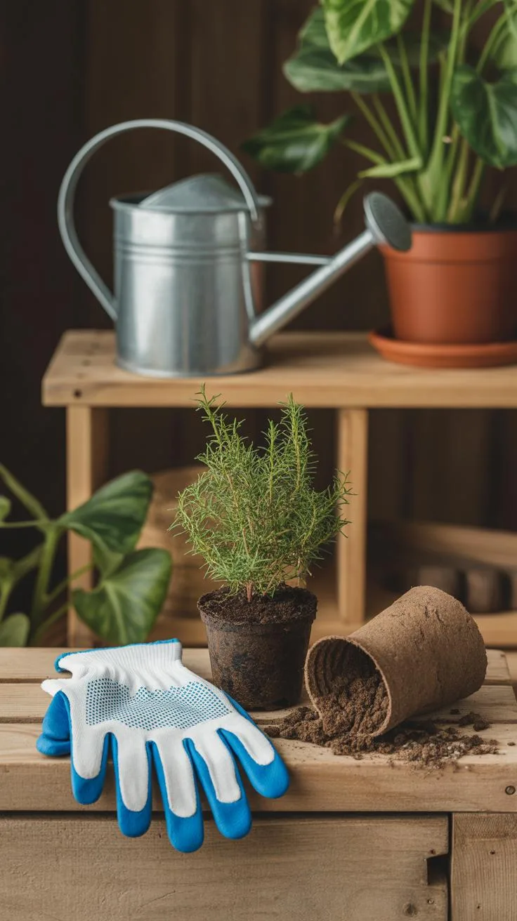 Still life of indoor plant care tools and a pot