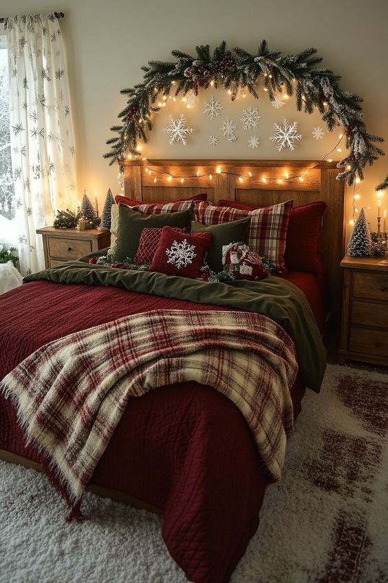 A bedroom with various holiday-themed decor elements like string lights and seasonal textiles