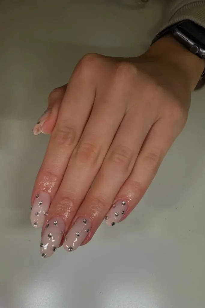 Soft Nude Nails with Rhinestones