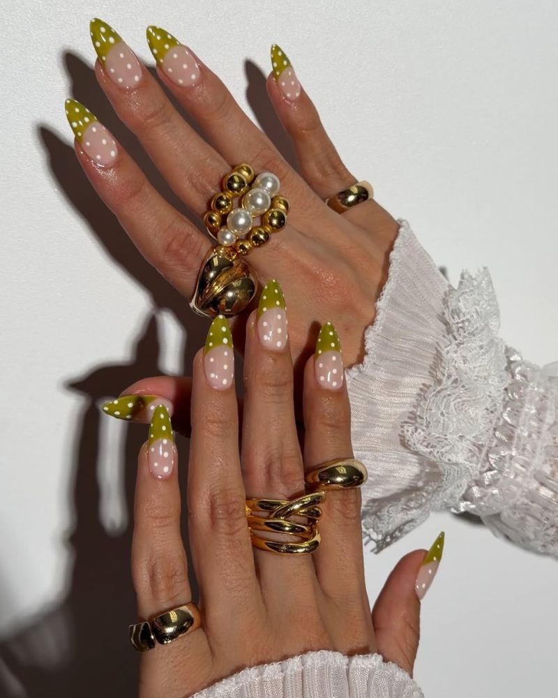 green french tip nail idea for spring with white polka dots
