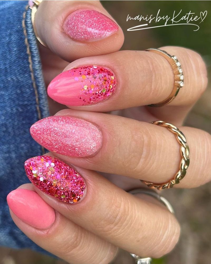pink sparkly nails almond shape