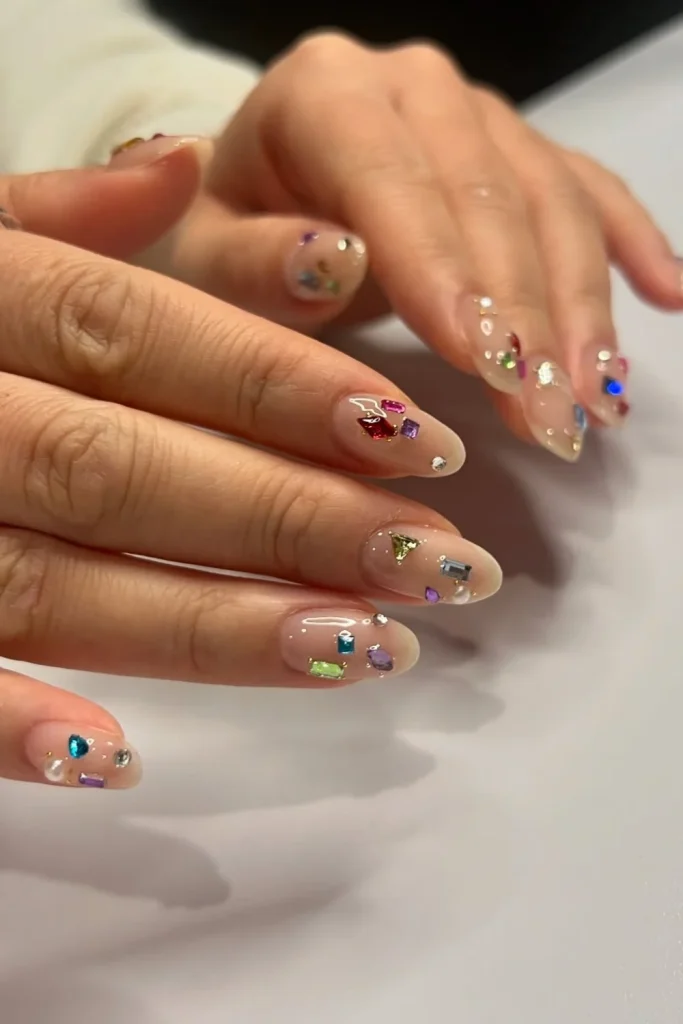 Clear Nude Nails with Colorful Rhinestones
