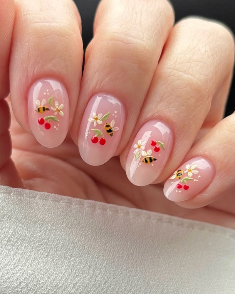 simple spring nail designs with cute bees, cherries and flowers