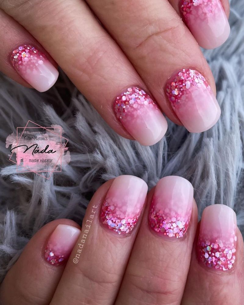 milky white with pink glitter ombre