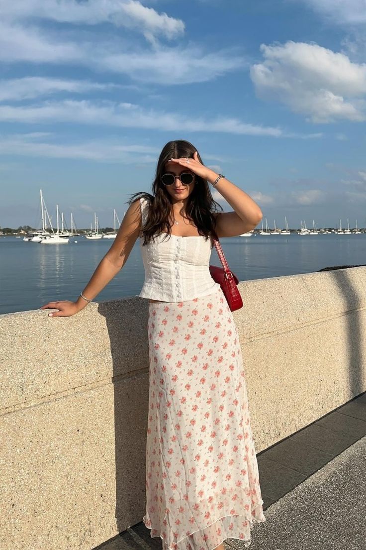 1. Effortless Elegance with a Floral Maxi Skirt by the Waterfront