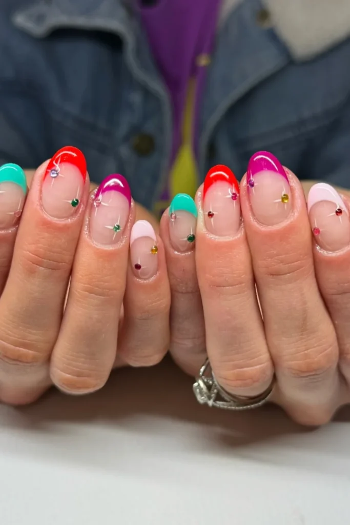 Color-Blocked French Tips with Rhinestones