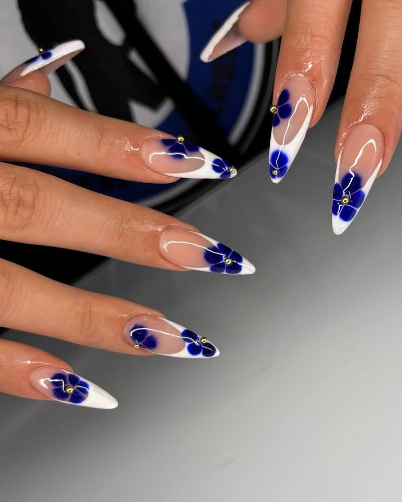white tip french nails, blue nail art