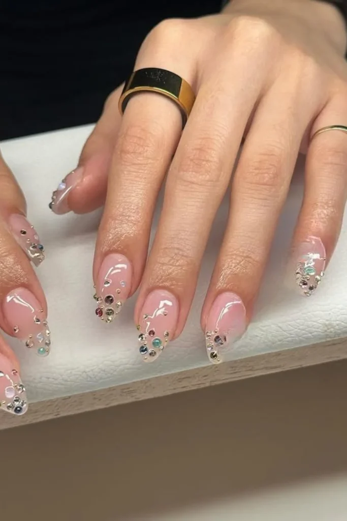Soft Pink Almond Nails with Rhinestone Gradient