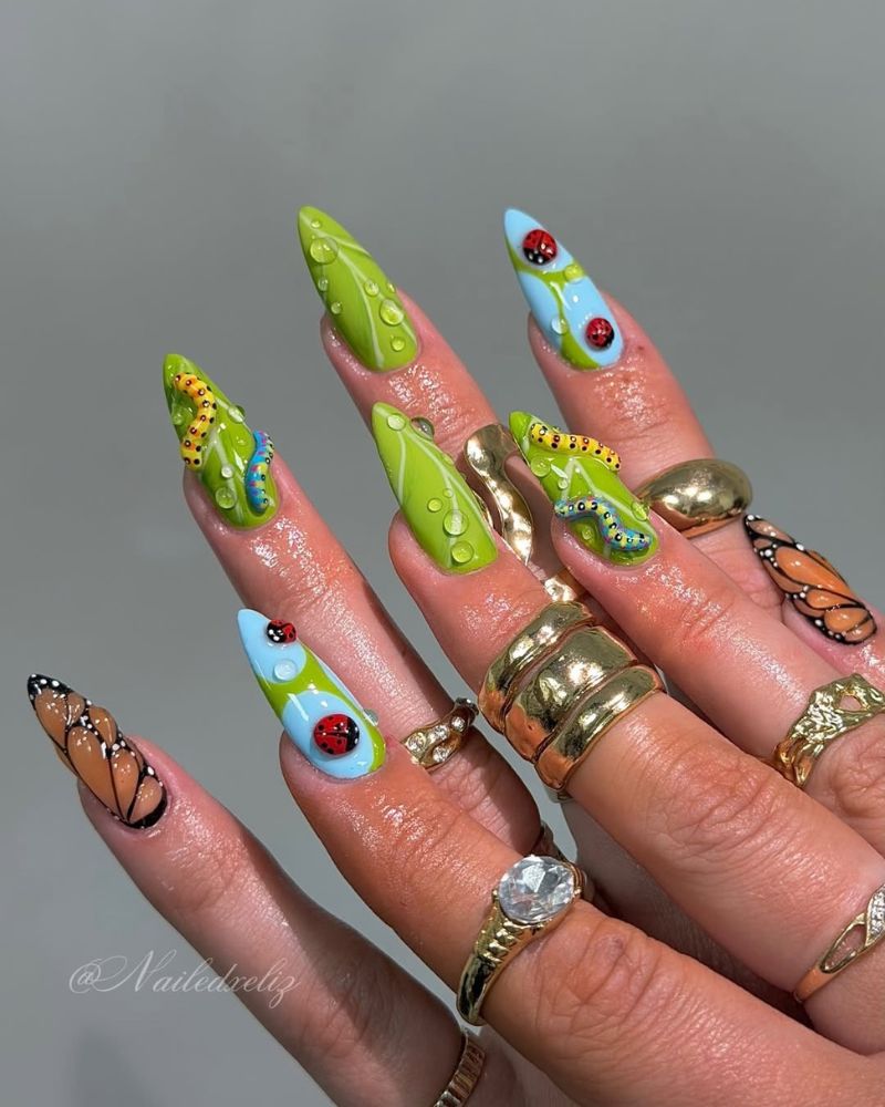spring nail art design on stiletto shape