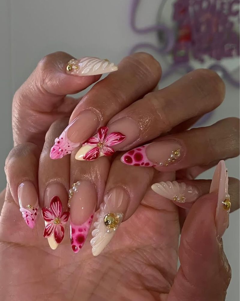 pink and pastel yellow nails for summertime manicure