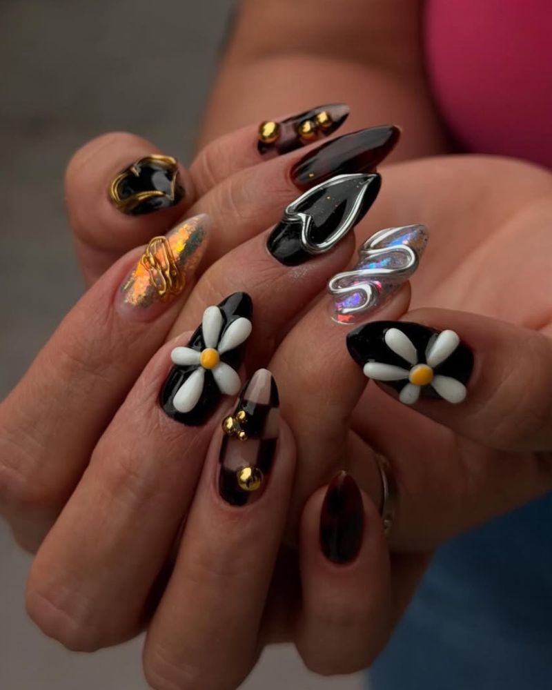dark spring nail designs with floral nail art