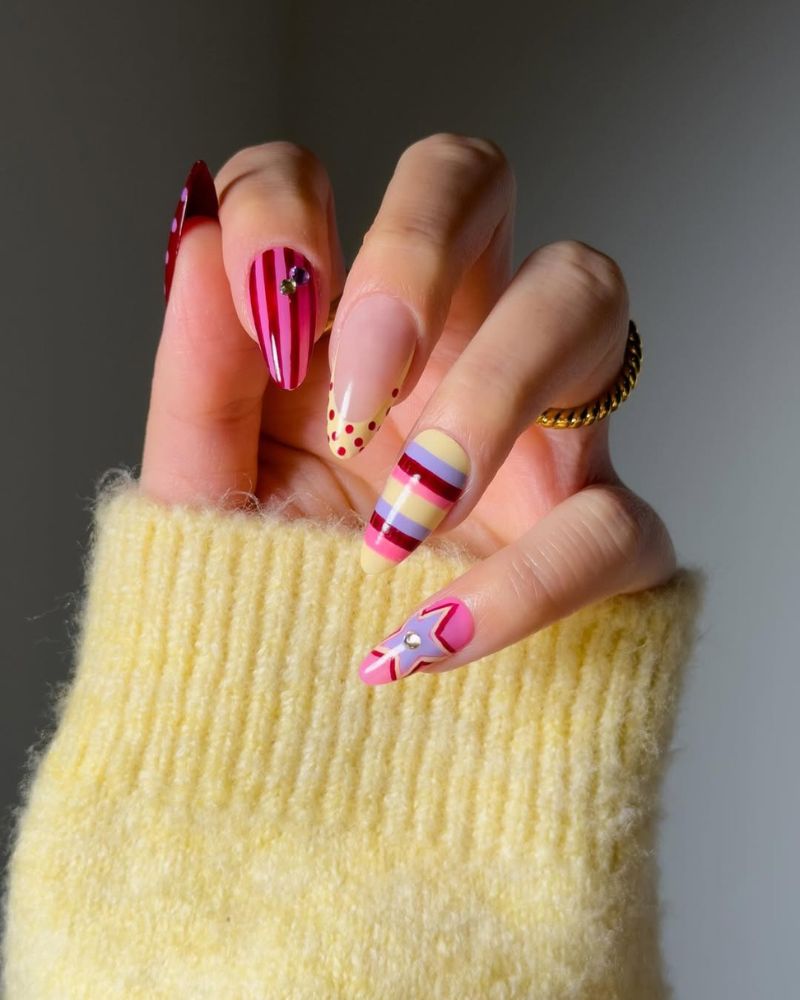 retro summertime nail art design with pink and yellow