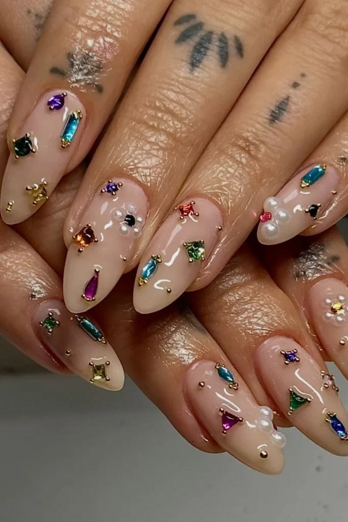 Sheer Almond Nails with Mixed Gems