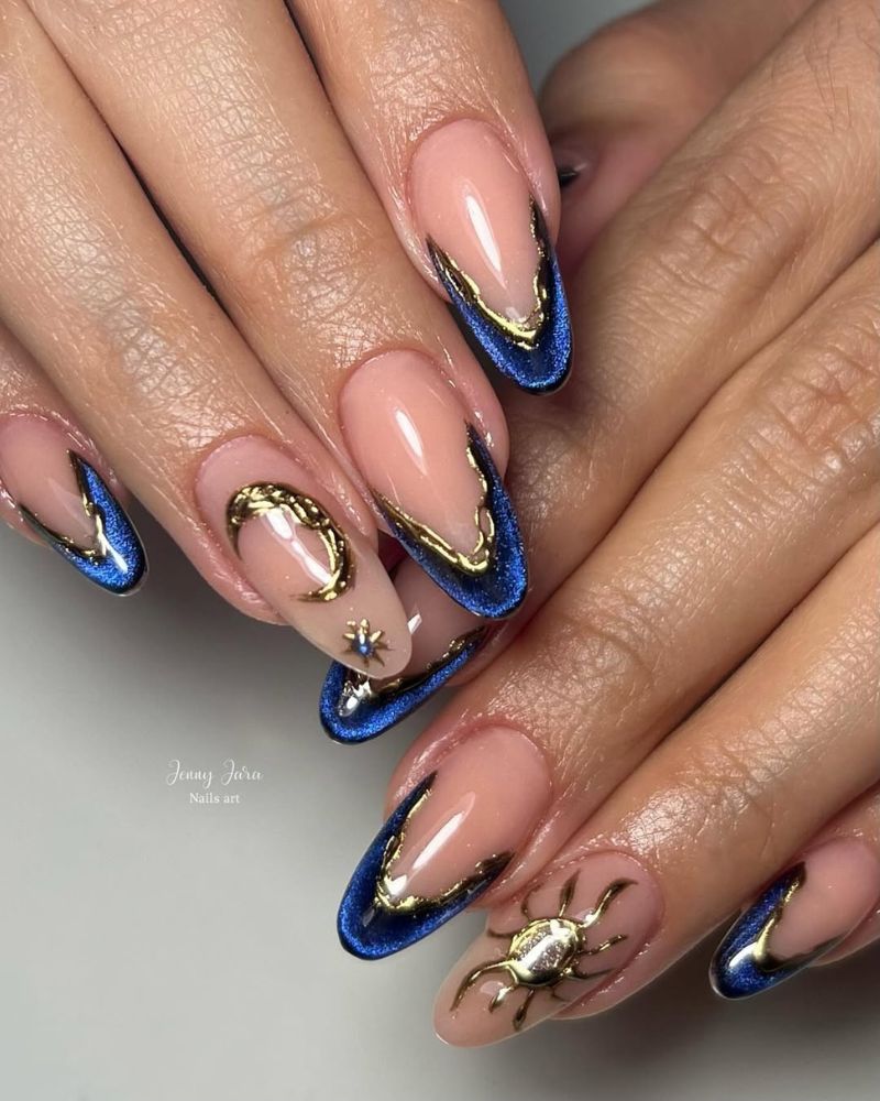 blue french nails, gold sun nail art