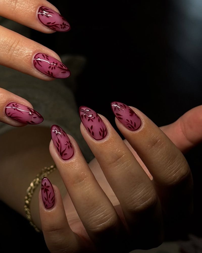 red nail art design for spring on medium almond base