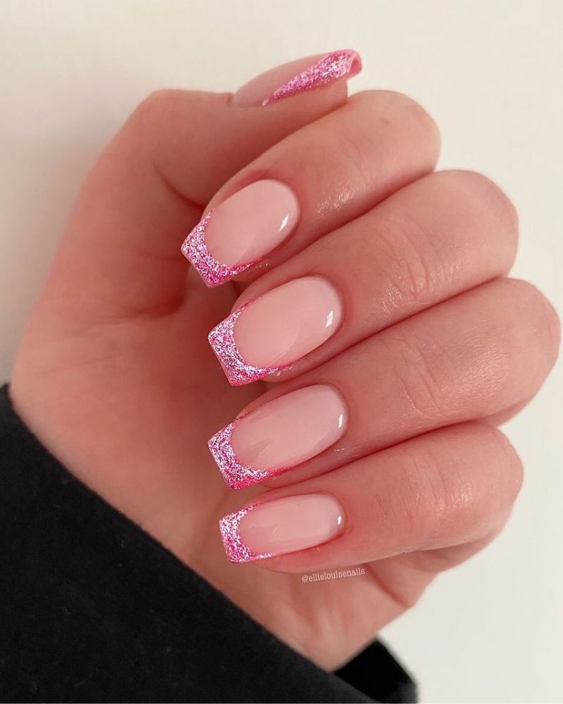 pink glitter french almond