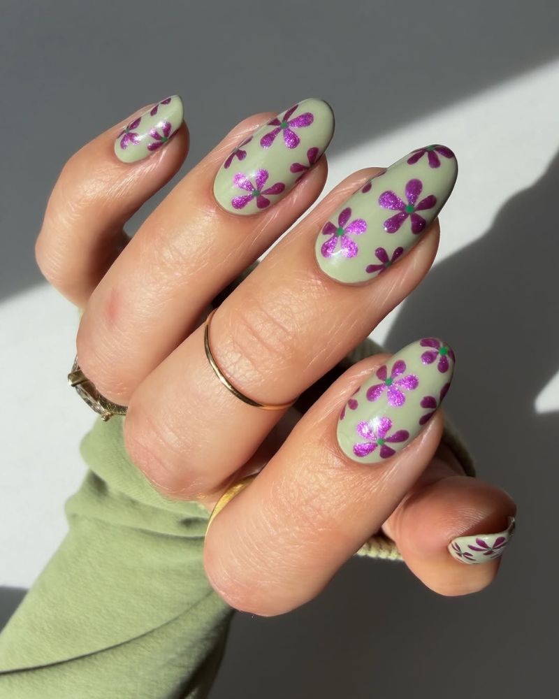sage green nails with purple flower nail art designs