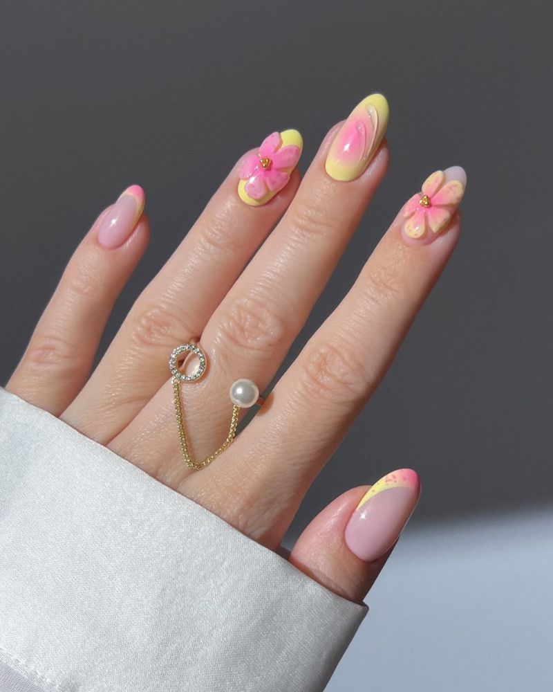 yellow and pink nail ideas for spring