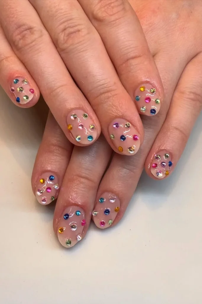 Milky Almond Nails with Single Rhinestones