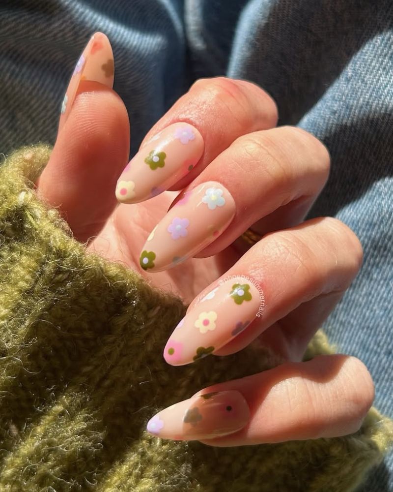 simple spring nail art design on nude base and almond shape
