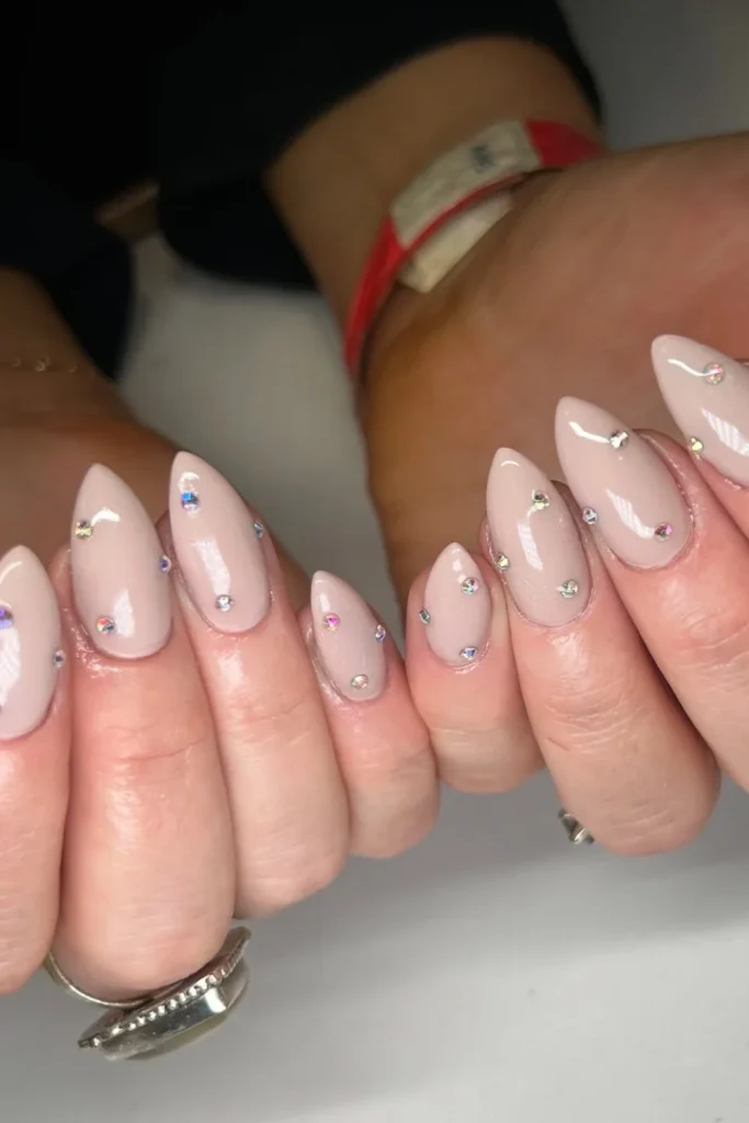 Short Nude Nails with Colorful Crystals