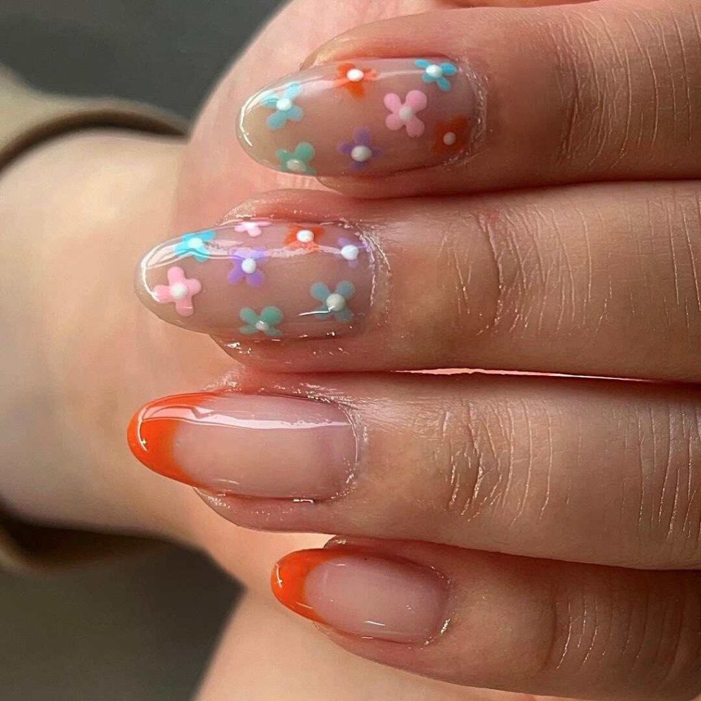 Orange Tips and Cute Flowers Spring Nails