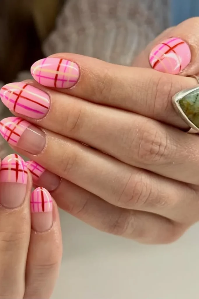 Pink Plaid Tips Nails