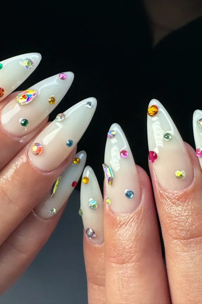 Milky Stiletto Nails with Floating Rhinestones