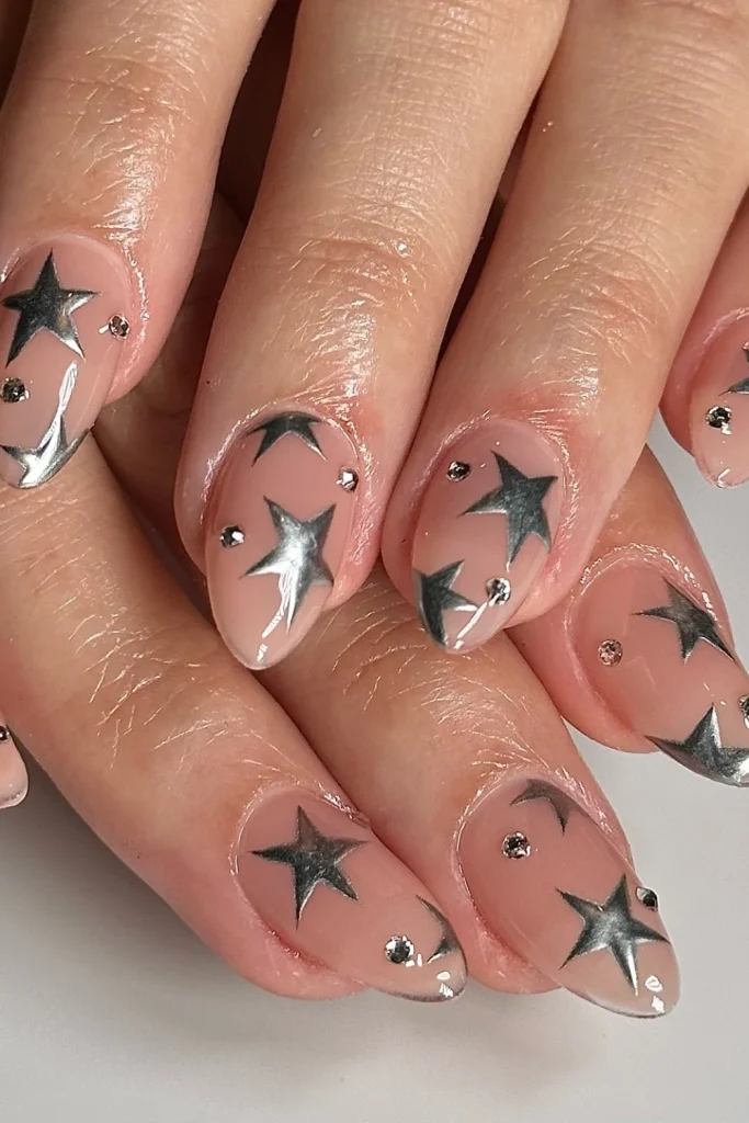 Nude Nails with Chrome Silver Stars