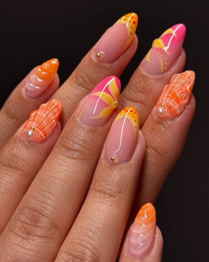 yellow, pink and orange summer nails