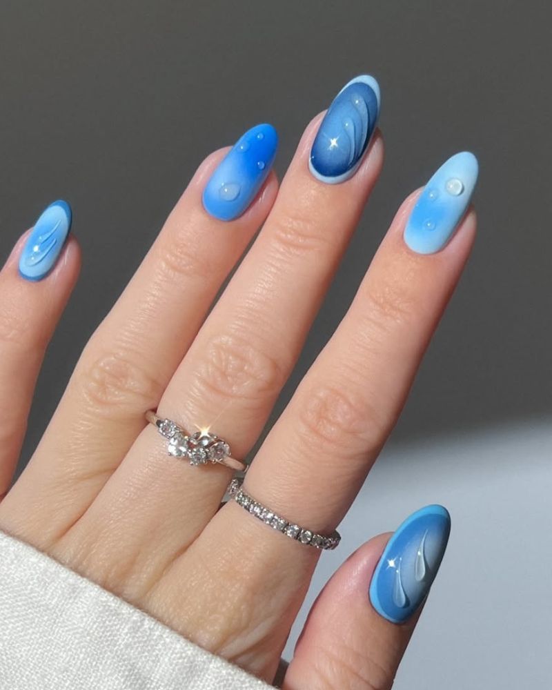 blue nails for spring manicure, on almond shape