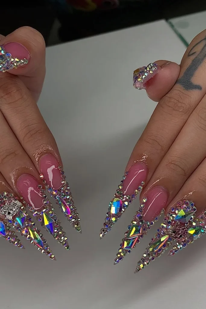 Full Glam Stiletto Nails with Rhinestones