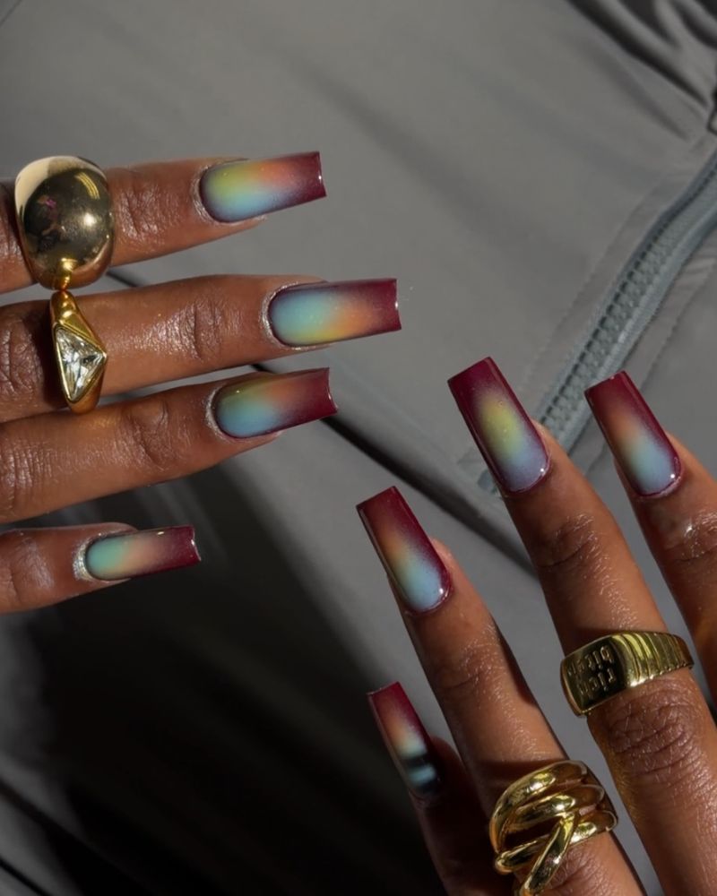 summer coffin nails with colorful aura nail art