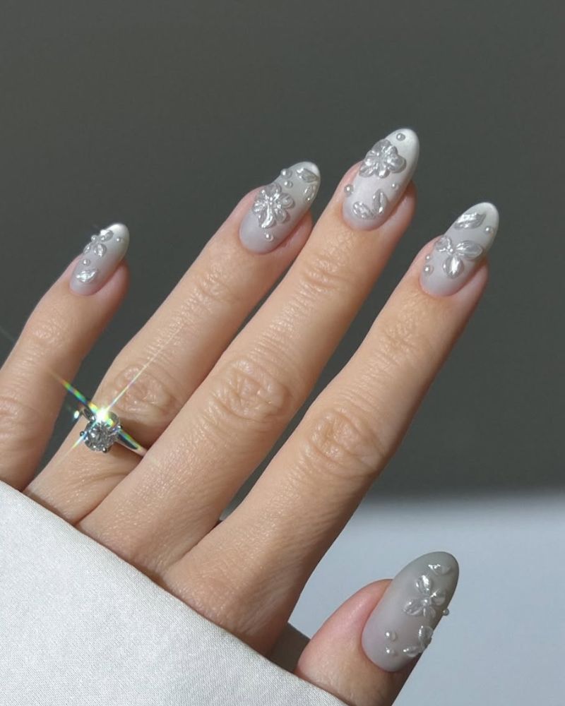 grey almond nails with spring nail art design