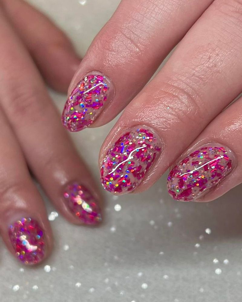 pink glitter nails short almond
