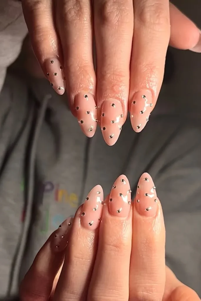Soft Nude Almond Nails with Micro Crystals