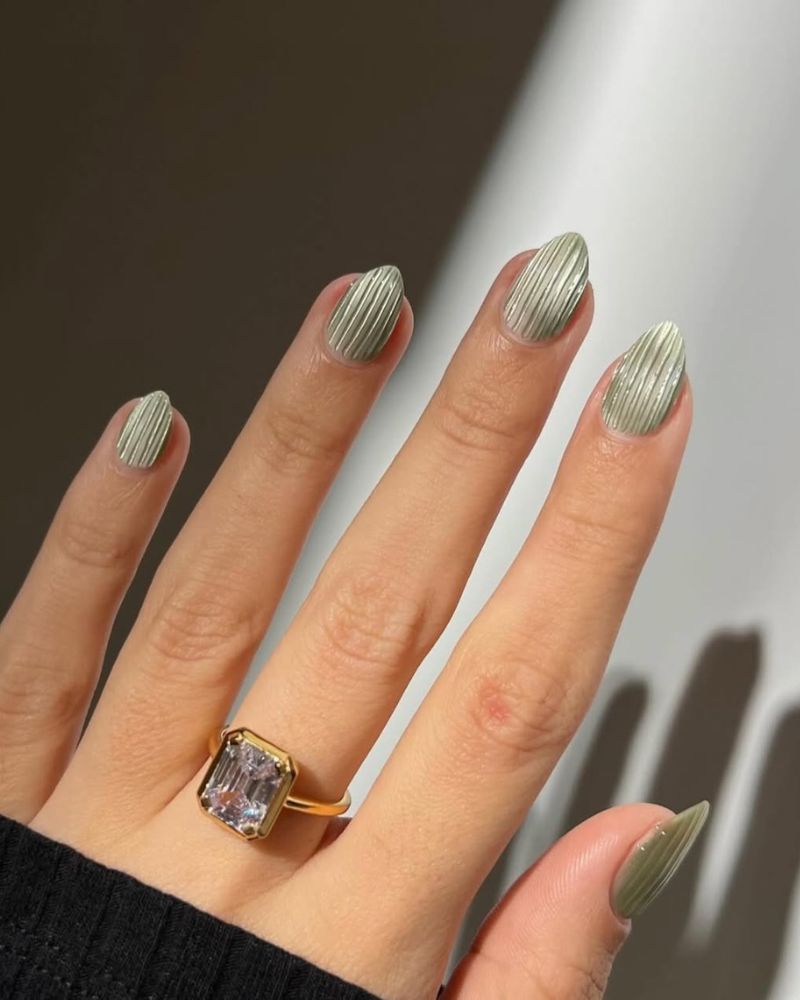 glass green nails on short almond nails for spring