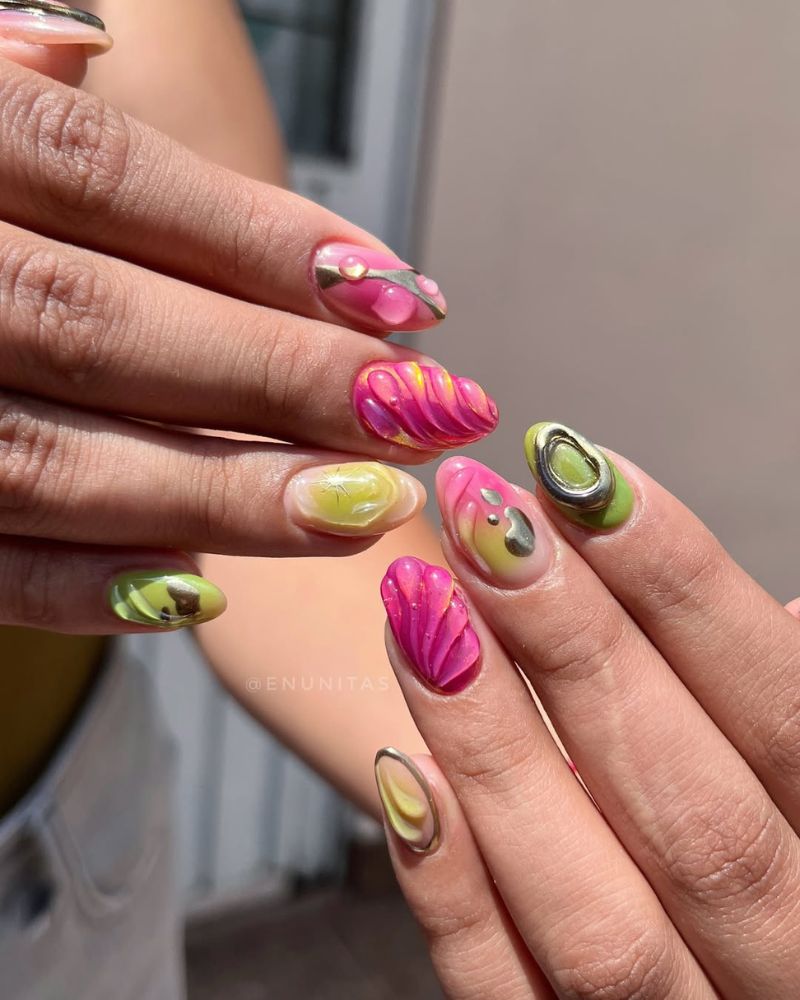 pink and green manicure ideas for summer