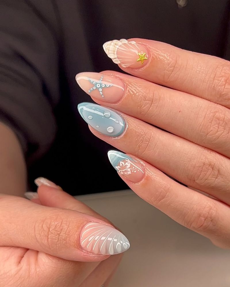 soft ocean nails on a nude base for summertime manicure
