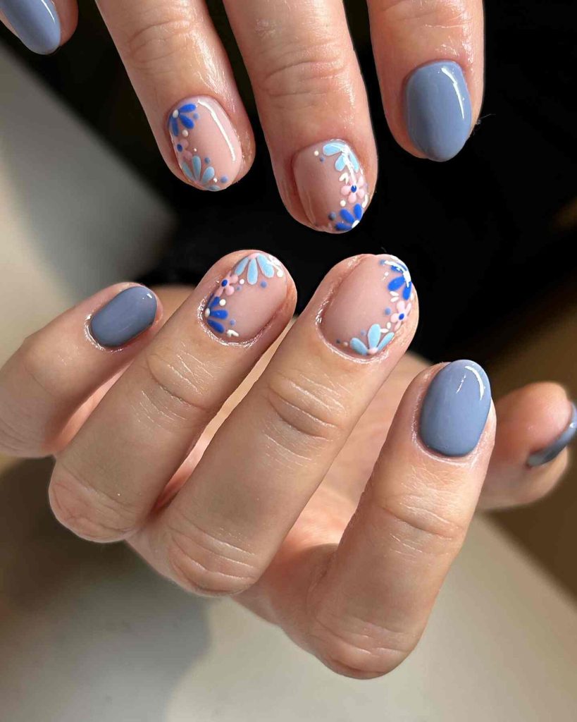 Short Blue Floral Nails for Spring